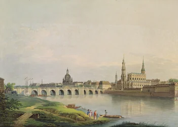 Ansicht von Dresden vom westlichen Teil der Neustadt (mit der Frauenkirche, protestantische Kirche, Augustusbrücke und der Kathedrale) graviert von Christian Gottlob Hammer (1779-1864)